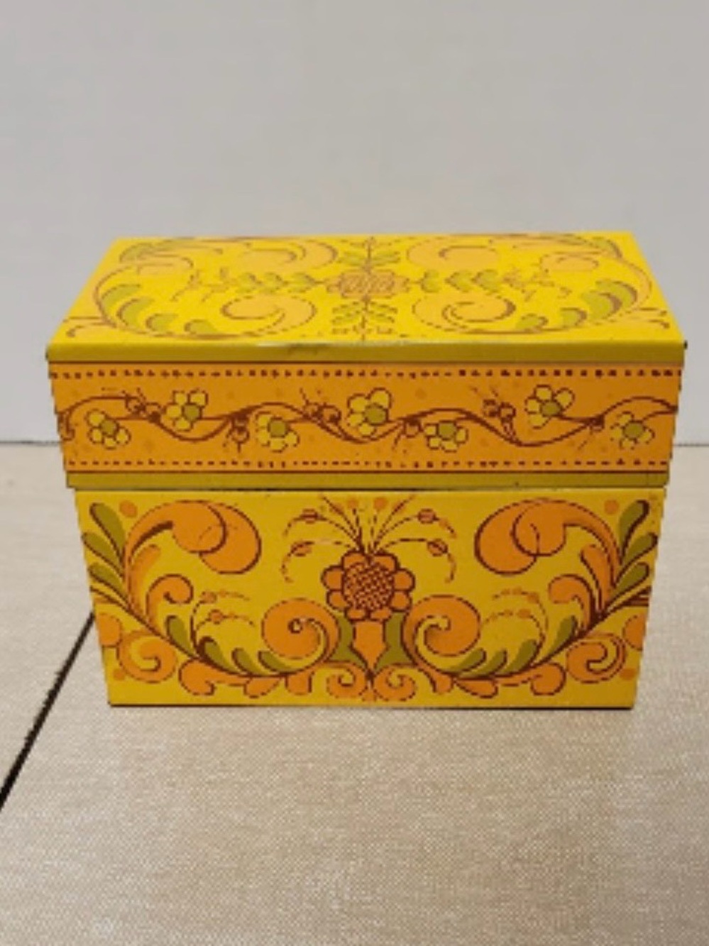 Vintage Avon 1970s Floral Metal Recipe Box Retro Orange Yellow Kitchen Storage